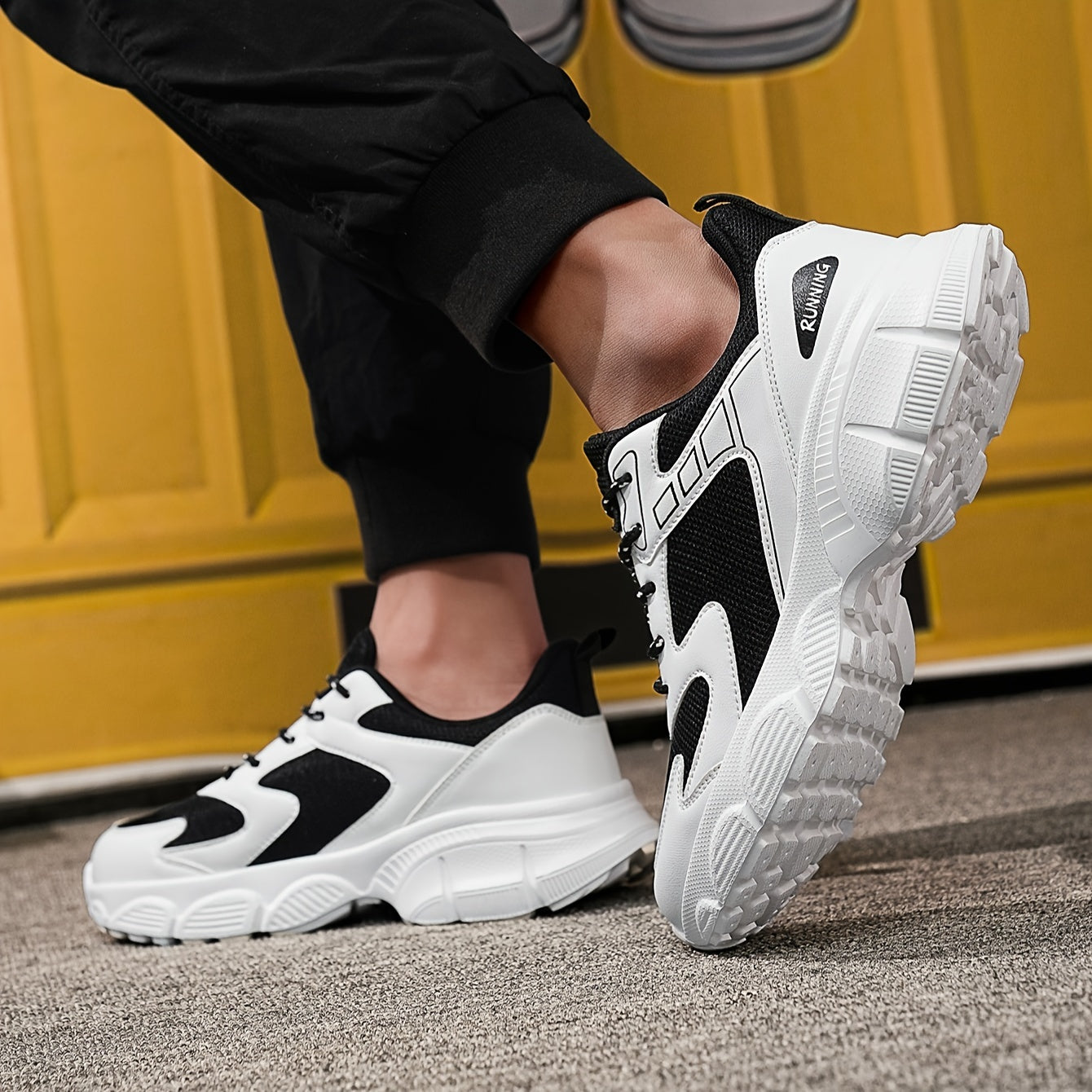 Men's Fashionable Black and White Sneakers - Retro Sports Shoes, Comfortable Outdoor Footwear