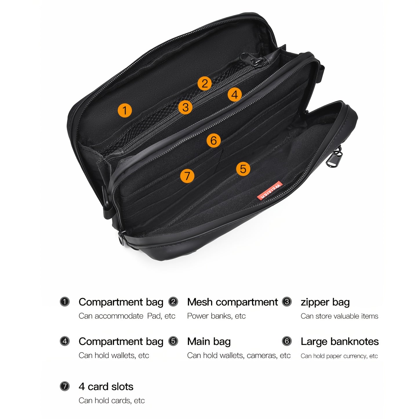 WEIXIER Men's Casual Nylon Handbag - Large Capacity with Adjustable Wrist Strap, Sleek Black for Daily Use, Valentine's Day Gift for Him, Outdoor Bag Casual Style Nylon Material