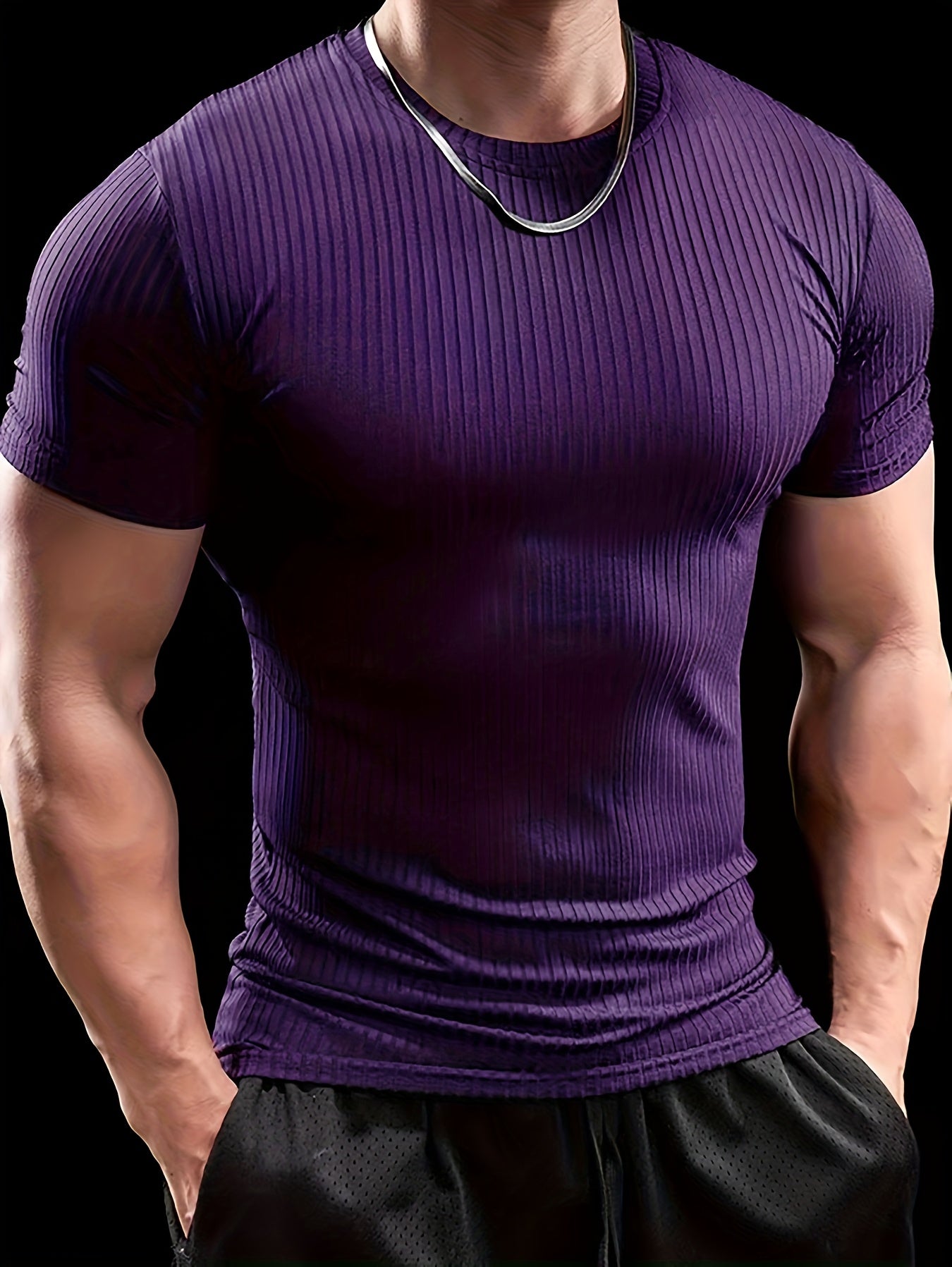 Men's Stretch Fit Short Sleeve T-Shirt - Breathable, Comfortable Polyester Blend, Solid Blue, Crew Neck, Casual Sporty Style for Spring/Summer