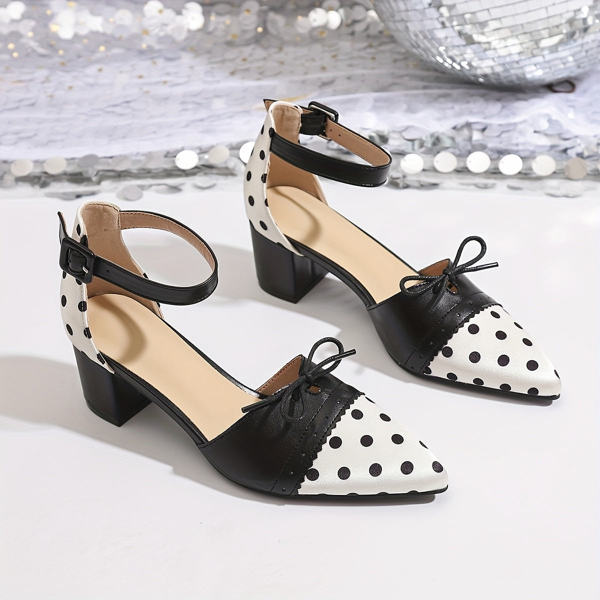 Women'S Sexy Polka Dot Mary Jane Pumps with Bow Detail - Pointed Toe, Block Heel, Ankle Strap, Summer Fashion Show Shoes, Hollow Design, Synthetic Cover Rubber Sole, Summer Fashion Shoes Polka Dot Pattern Rubber Sole Fo