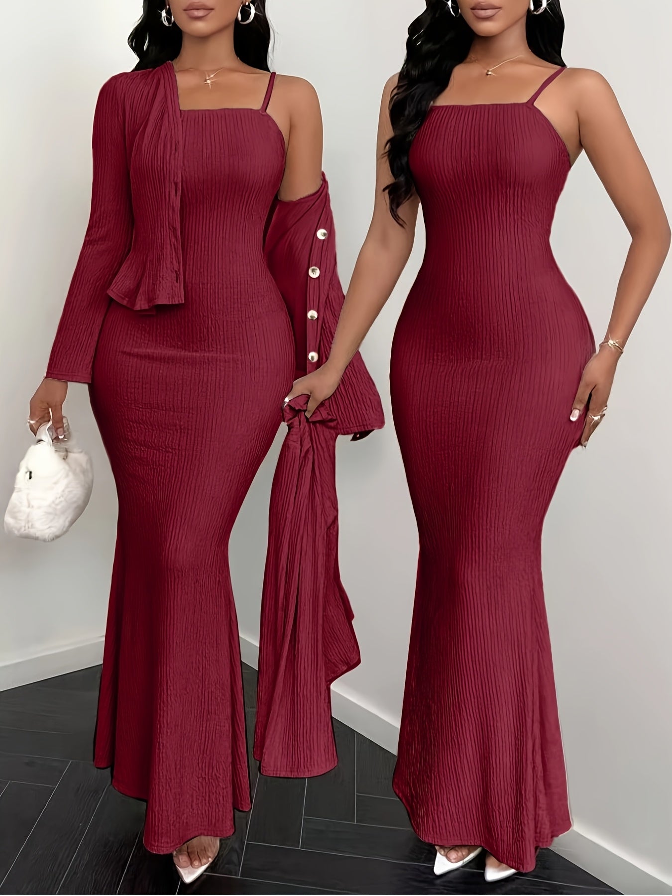 YY0102111 Elegant Solid Color Camisole Dress and Cardigan 2pcs Set, Suitable for Spring Summer Autumn