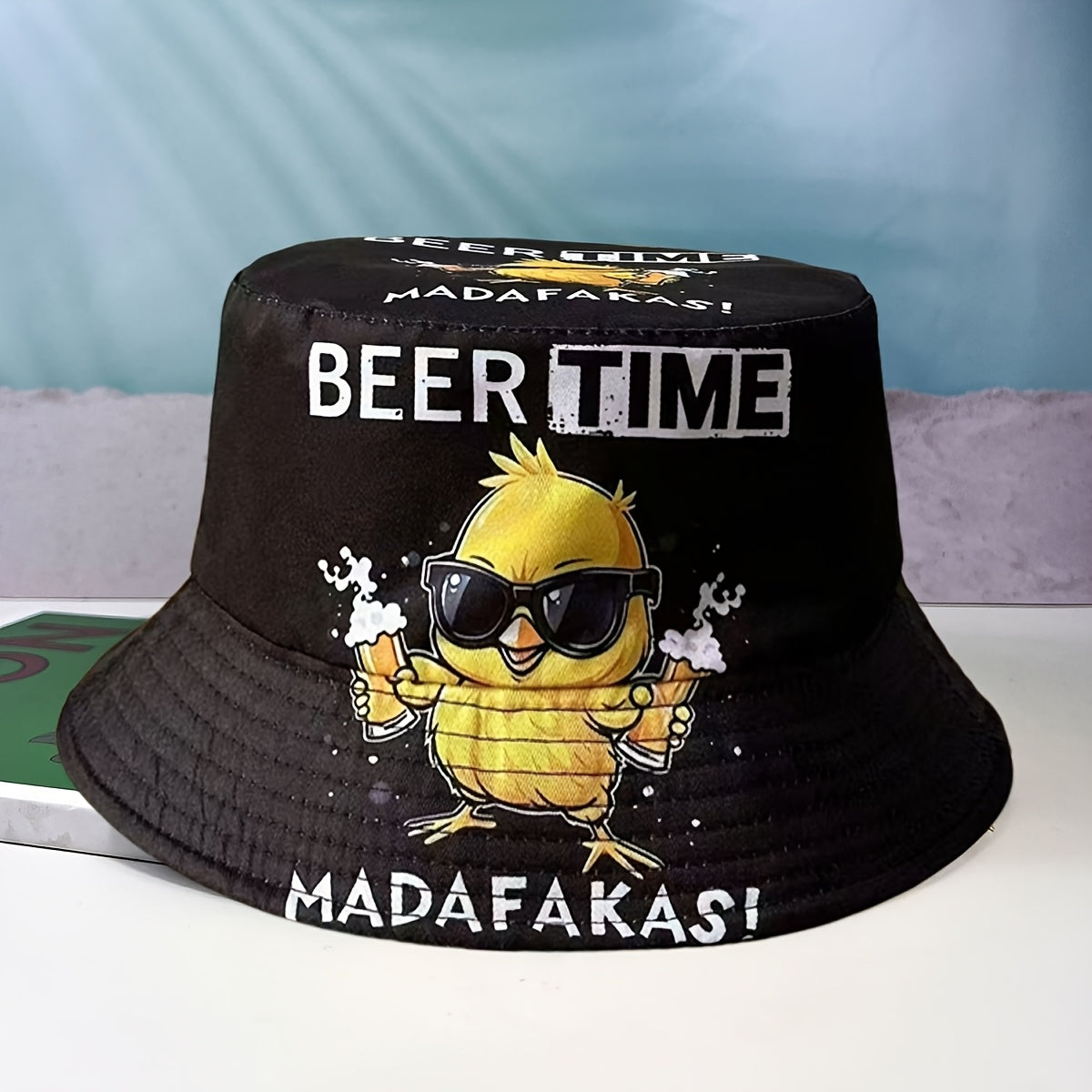 1pc Summer New Arrival Beer Time Duck Print Reversible Bucket Hat - Fun Beach & Streetwear, Sun Protection, Lightweight Polyester, Black with Colorful Graphics, Reversible Fashion | Street Style Hat | Woven Texture