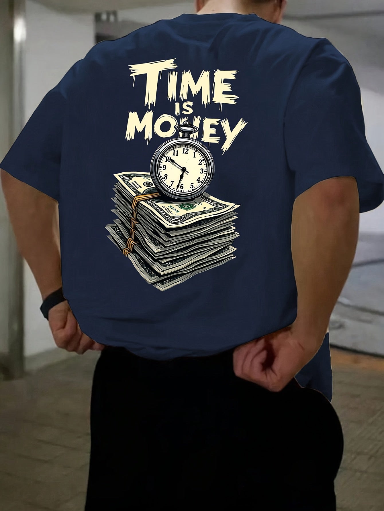 Men'S Casual Short Sleeve T-Shirt with "Time is Money" Clock Stack of Cash Graphic - Lightweight Polyester, Loose Fit, Round Neck, Perfect for Spring Summer Outdoor Wear, Relaxed Fit Shirt Bold Graphic Tee Glossy Text