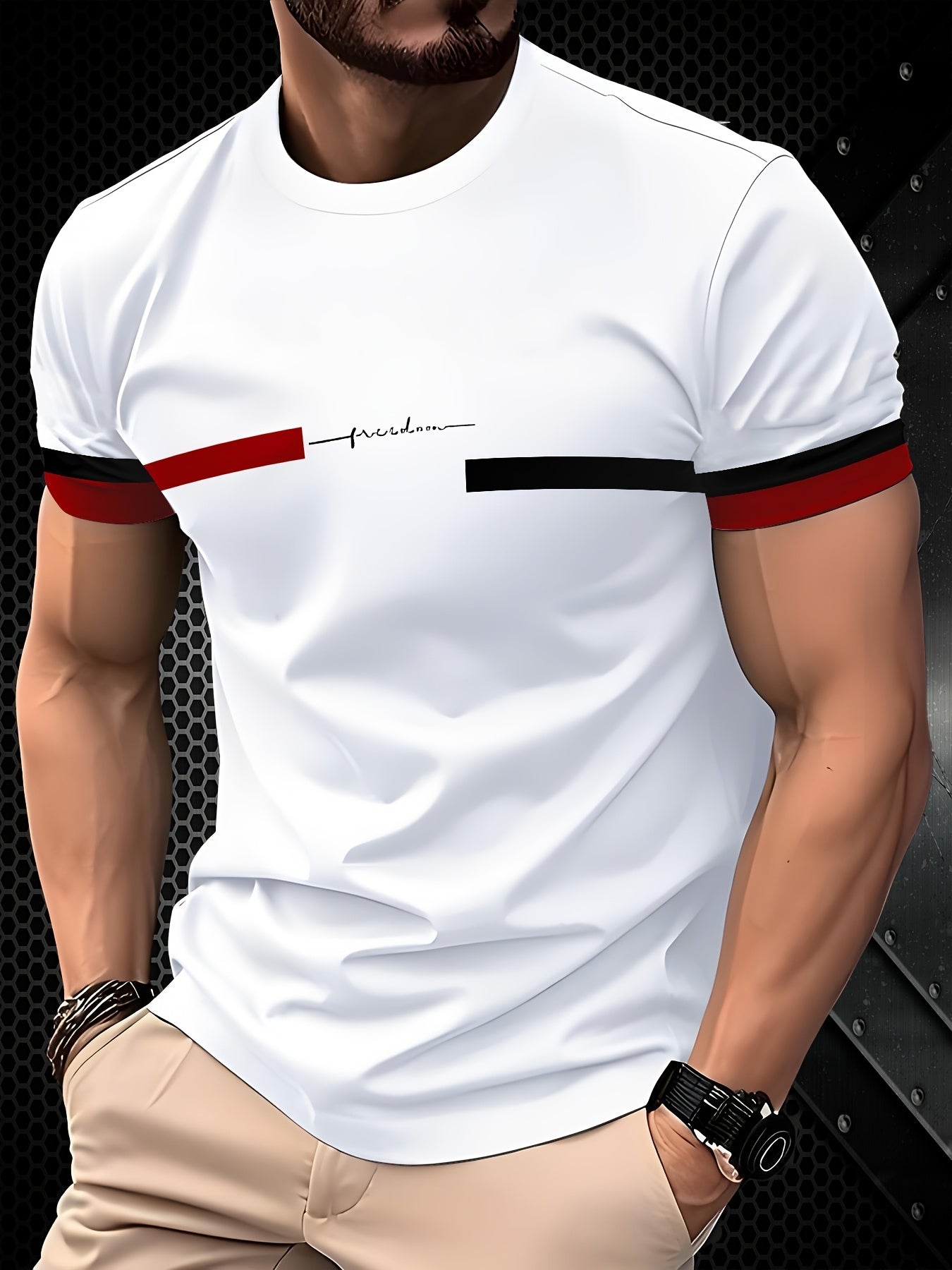 Men'S Casual Breathable T-Shirt - "Freedom" Graphic with Red Black Stripes, Regular Fit Short Sleeve Tee for Outdoor Leisure, Comfortable Fabric, Casual Wear Bold Graphic Tee Comfortable Fit