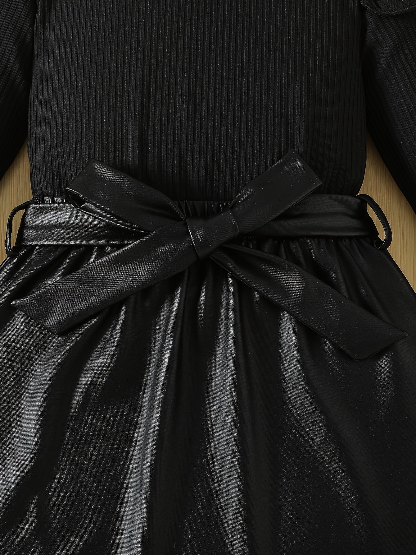 Girls' Black Ribbed Long Sleeve Top & Bow Accent Skirt Set