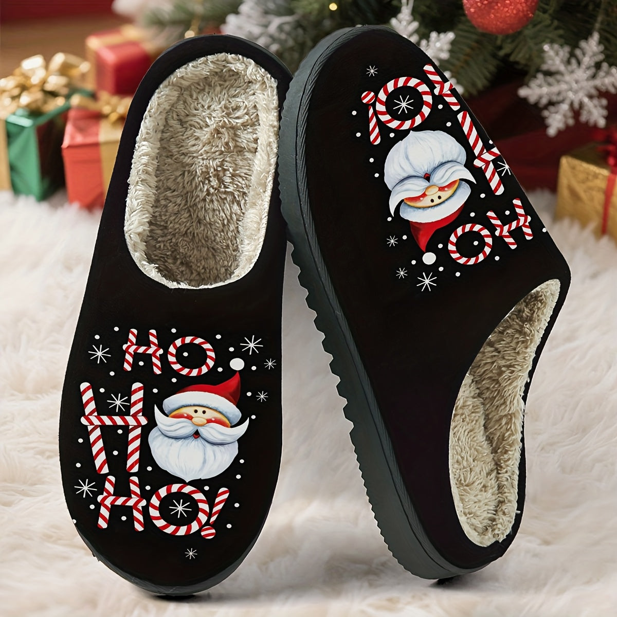 Christmas "HO HO HO" Santa Claus Letter -Lined Home Slippers, Soft and Beige-Friendly, Couples Men and Women Enjoy Festive Cuteness and Warm Comfort, Seasonal Comfort, Winter Footwear, Cute Holiday Design, Playful Footwear, D
