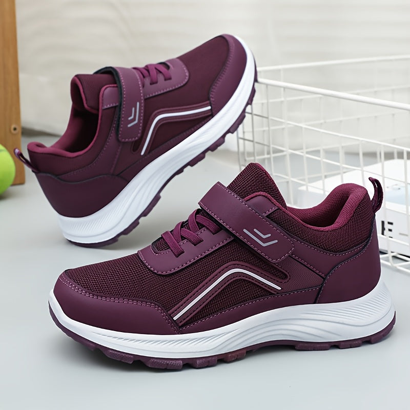 Women's Breathable Mesh Sneakers - Maroon Low-Top Casual Sneakers with Adjustable Hook-and-loop Fastener Strap Laces, Comfortable Fabric Insole, All-Season Round Toe Design, Breathable Footwear Stylish Mesh Sneakers Adj