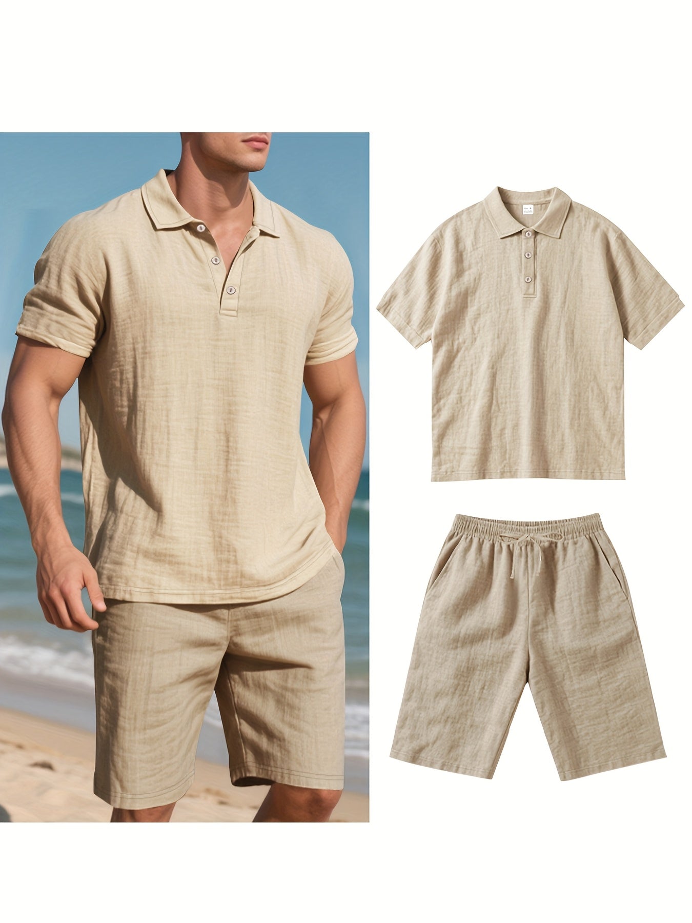 Essential for a Cool Summer! Men's Linen Shirt & Shorts Set, Comfortable Casual Outing Choice - Simple Beach Vacation Style Solid Color Linen