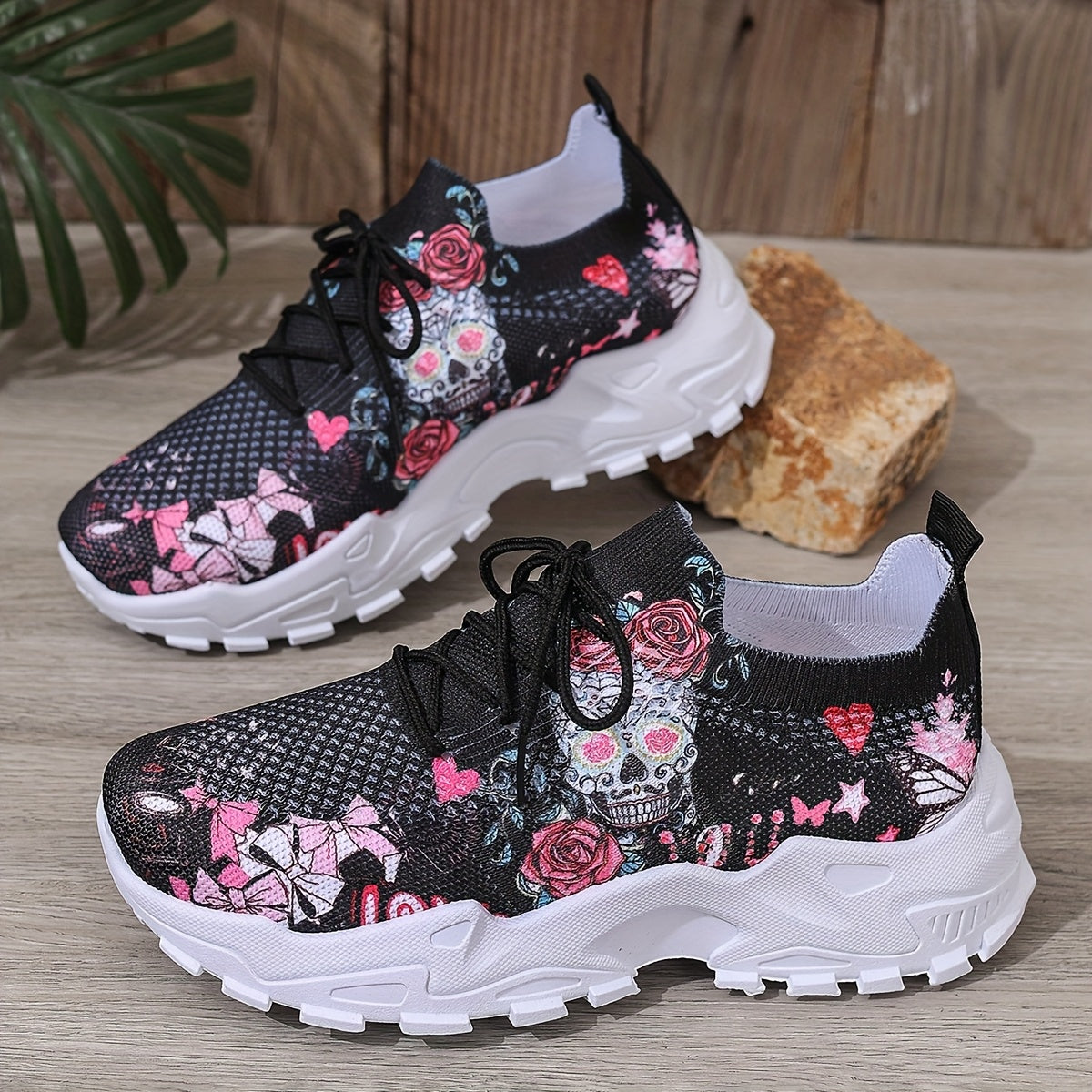 Women's Floral Skull Print Breathable Mesh Sneakers, Lightweight Low-Top Running Shoes with Soft PU Sole, Stylish Pink White Design for Casual Wear, Outdoor Travel Halloween Events, Allseason Footwear Japaneseinspired