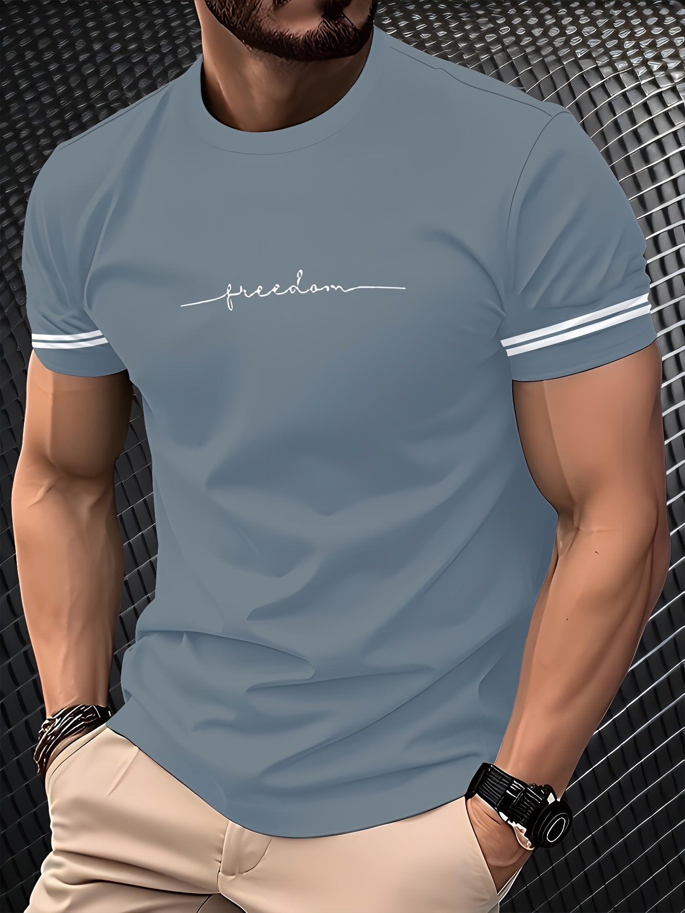 Men'S "Freedom" Graphic T-Shirt - Black Casual Crew Neck Tee with White Stripes, Breathable Polyester Blend, Regular Fit for Casual Attire, Everyday Tshirt Bold Print Tee Comfortable Fit, Knit