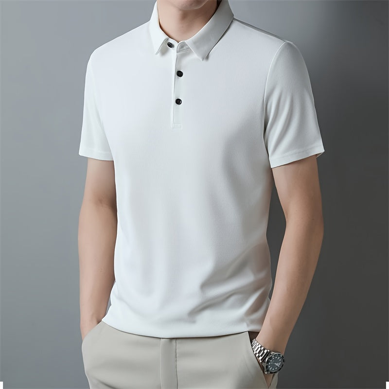 Men's Solid Short Sleeve And Lapel Collar Henley Shirt, Casual And Comfy Sports Tops For Summer Golf Wear And Outdoors Activities