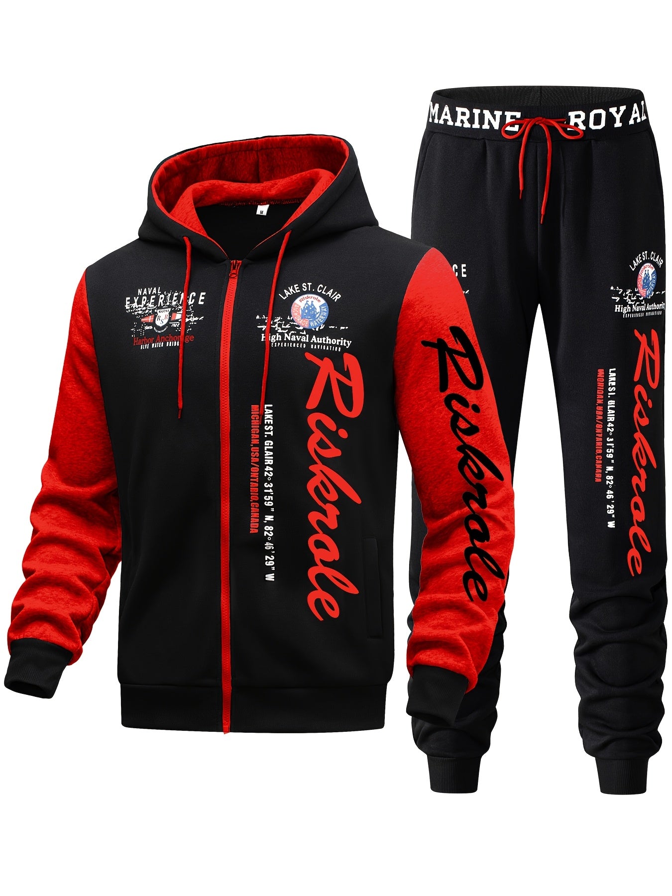 Men's Hooded Letter Print Tracksuit, 2pcs Casual Sports Set, Fashion Hoodie With Full-zip And Elastic-waist Pants, Regular Fit, Outdoor Cloth