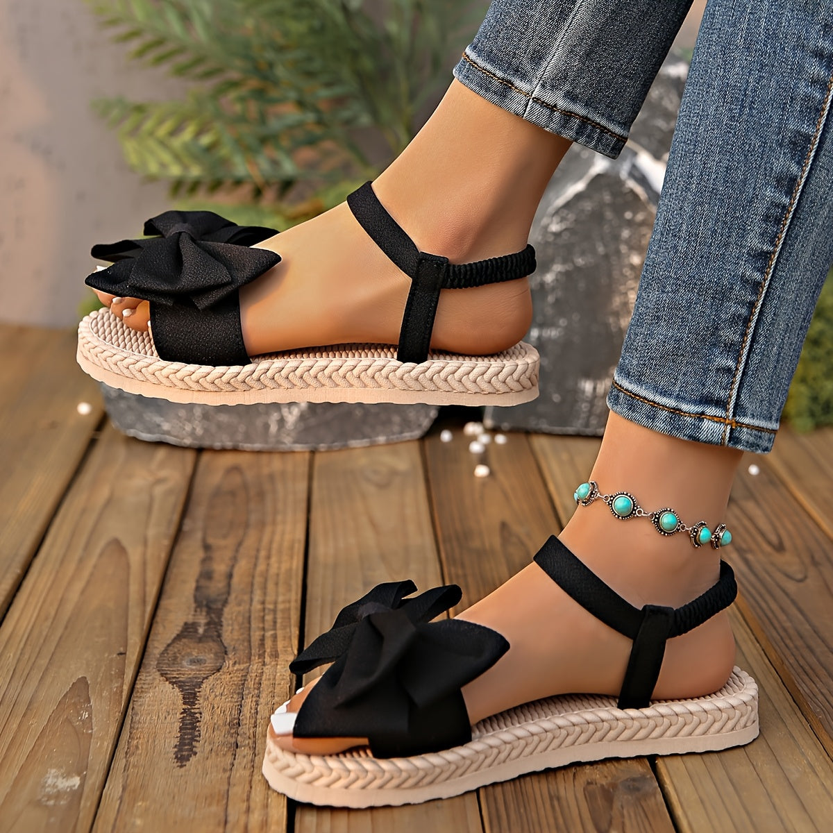 Elegant Women's Mary Jane Flat Sandals with Black Bow Detail - Lightweight Soft Microfiber Slip-On Open-Toe Beach Shoes, Comfortable EVA Sole for Casual Formal Wear, All-Season Versatile Design, Summer Footwear, Bowadorned