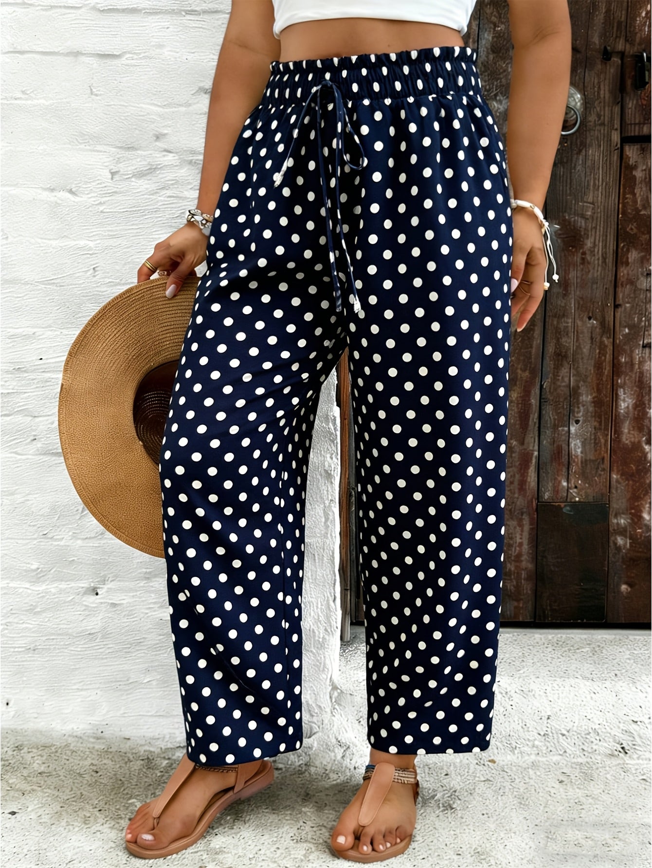 Women's Elegant Polka Dot Stretch Waist Tapered Pants