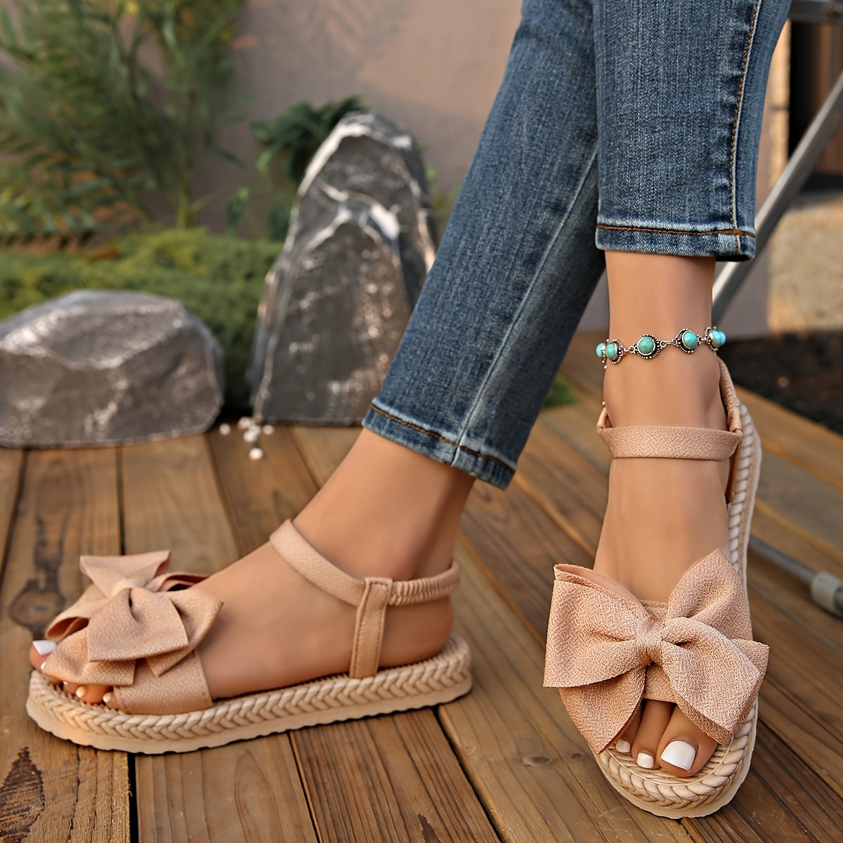 Elegant Women's Mary Jane Flat Sandals with Black Bow Detail - Lightweight Soft Microfiber Slip-On Open-Toe Beach Shoes, Comfortable EVA Sole for Casual Formal Wear, All-Season Versatile Design, Summer Footwear, Bowadorned