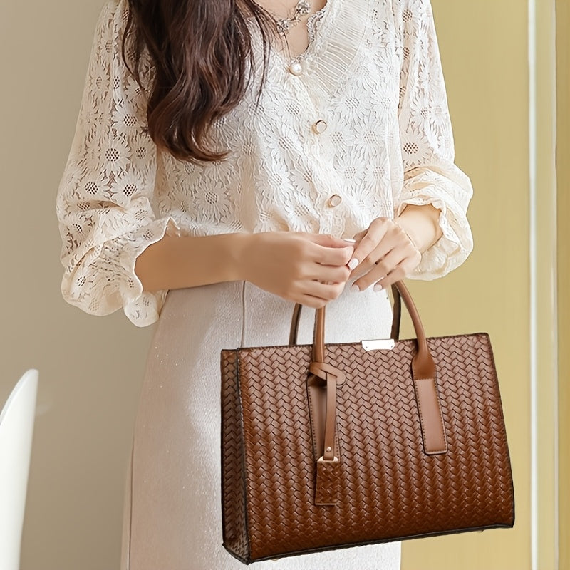 Large Woven Ladies Handbag with Removable Strap and Metal Buckle