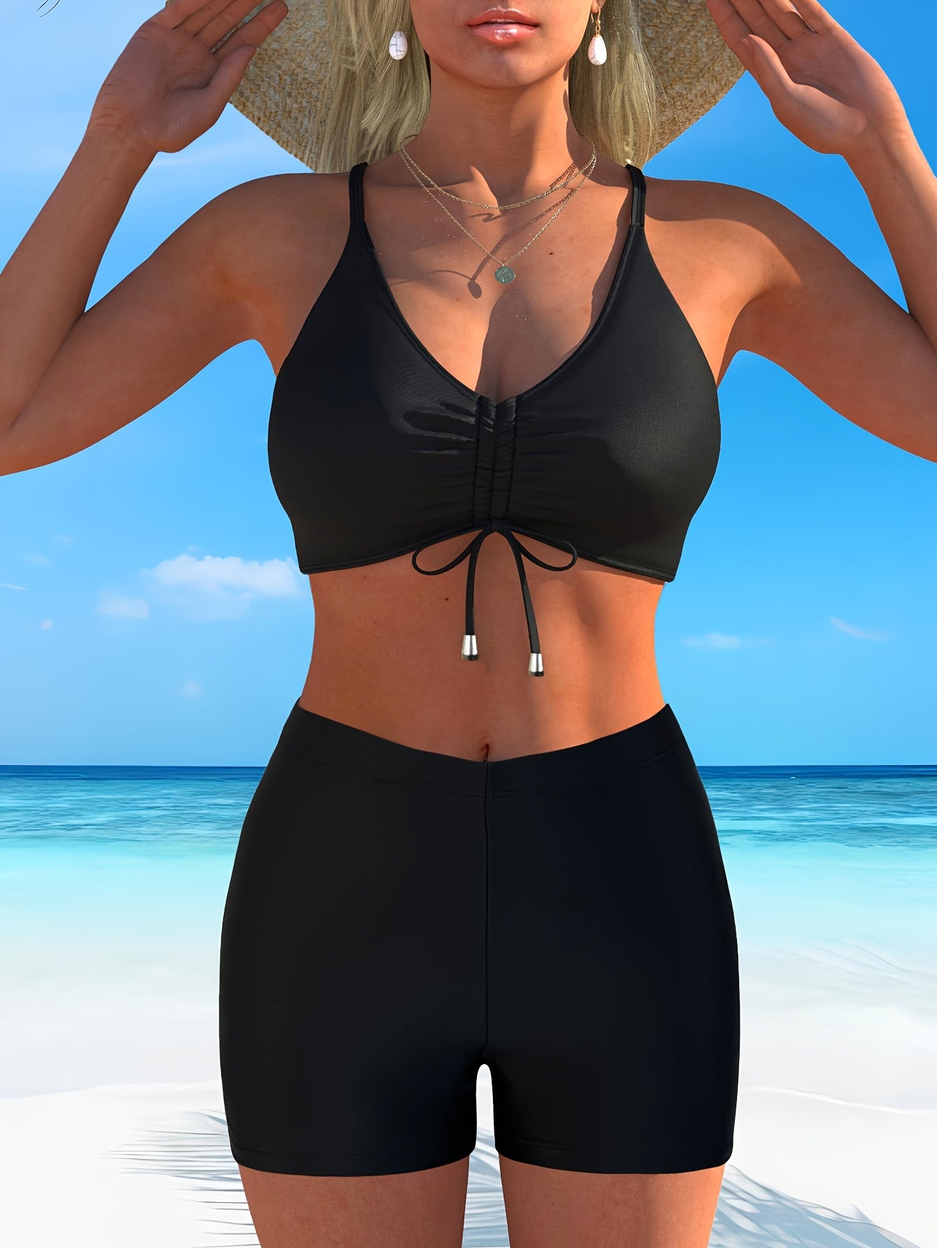 Women's Black Tankini Set with Silvery Bell Detail - Stretchy Summer S
