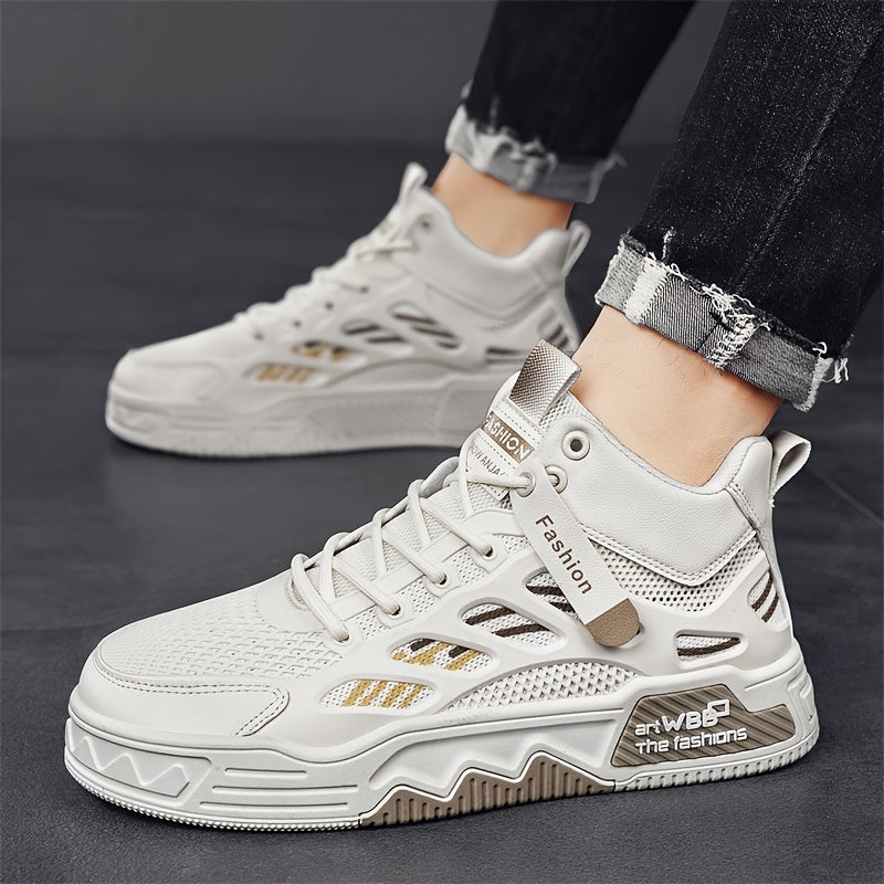 Men's High Top Fashion Sneakers Graphic Print Lace-Up Casual Skateboard Shoes with Round Toe, PU Mesh Upper, Fabric Lining, and Rubber Sole