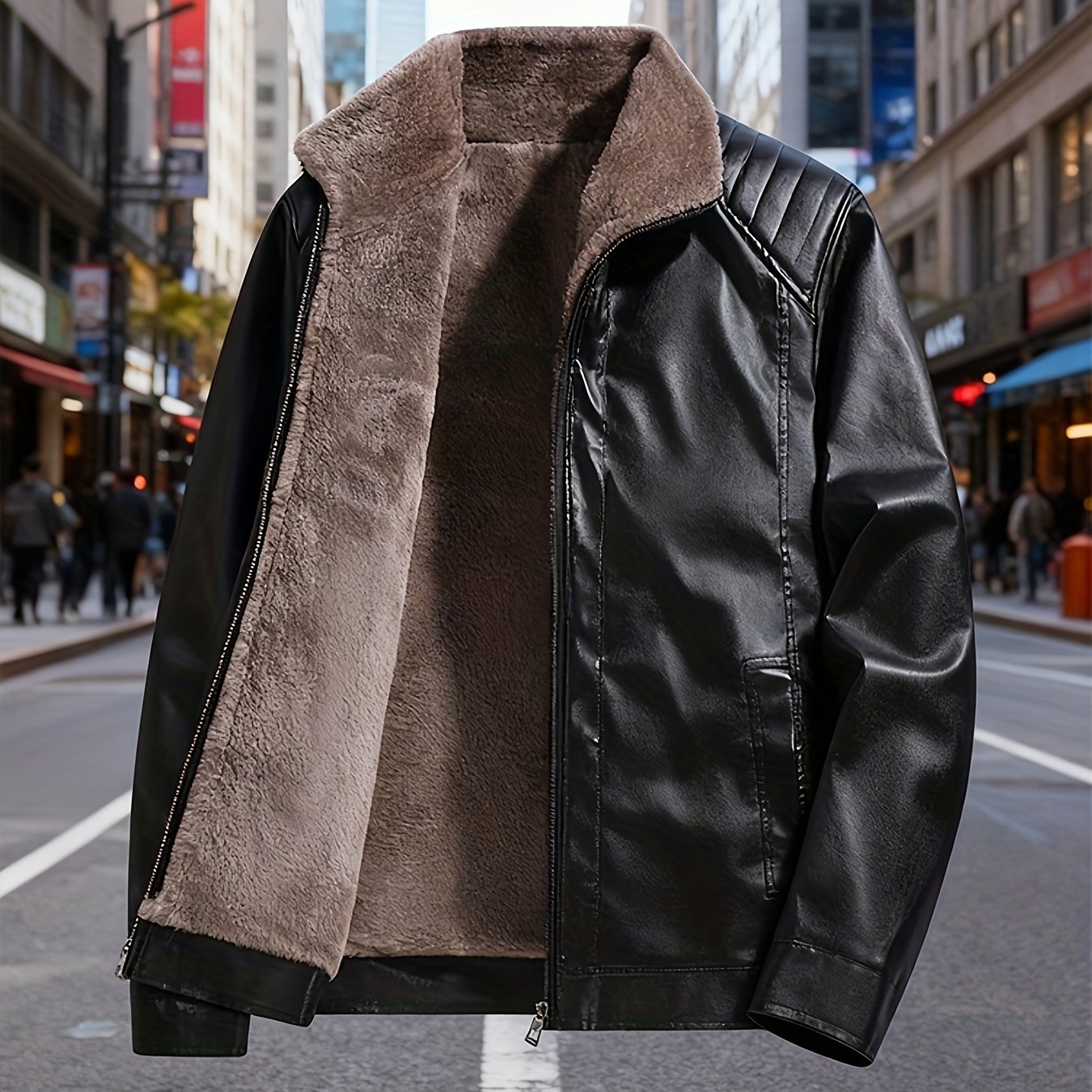 Men'S Faux Leather Jacket with Fleece Lining, a Warm Winter Coat Featuring a Stand Collar And Zip Closure, Stylish Casual Menswear, Available in Black/Brown Fashionable Motorcycle Jacket, Windproof And Warm, Perfect for Cold