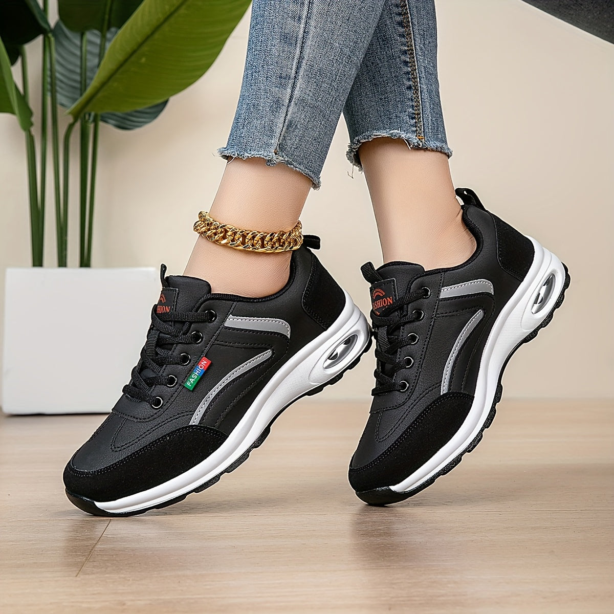 AOPLUS Women's Fashion Sneakers - Lightweight, Comfortable, and Breathable Low-Top Sneakers with Air Cushion Support, White Blue Design, PU Cover Upper, Fabric Lining, All-Season Wear