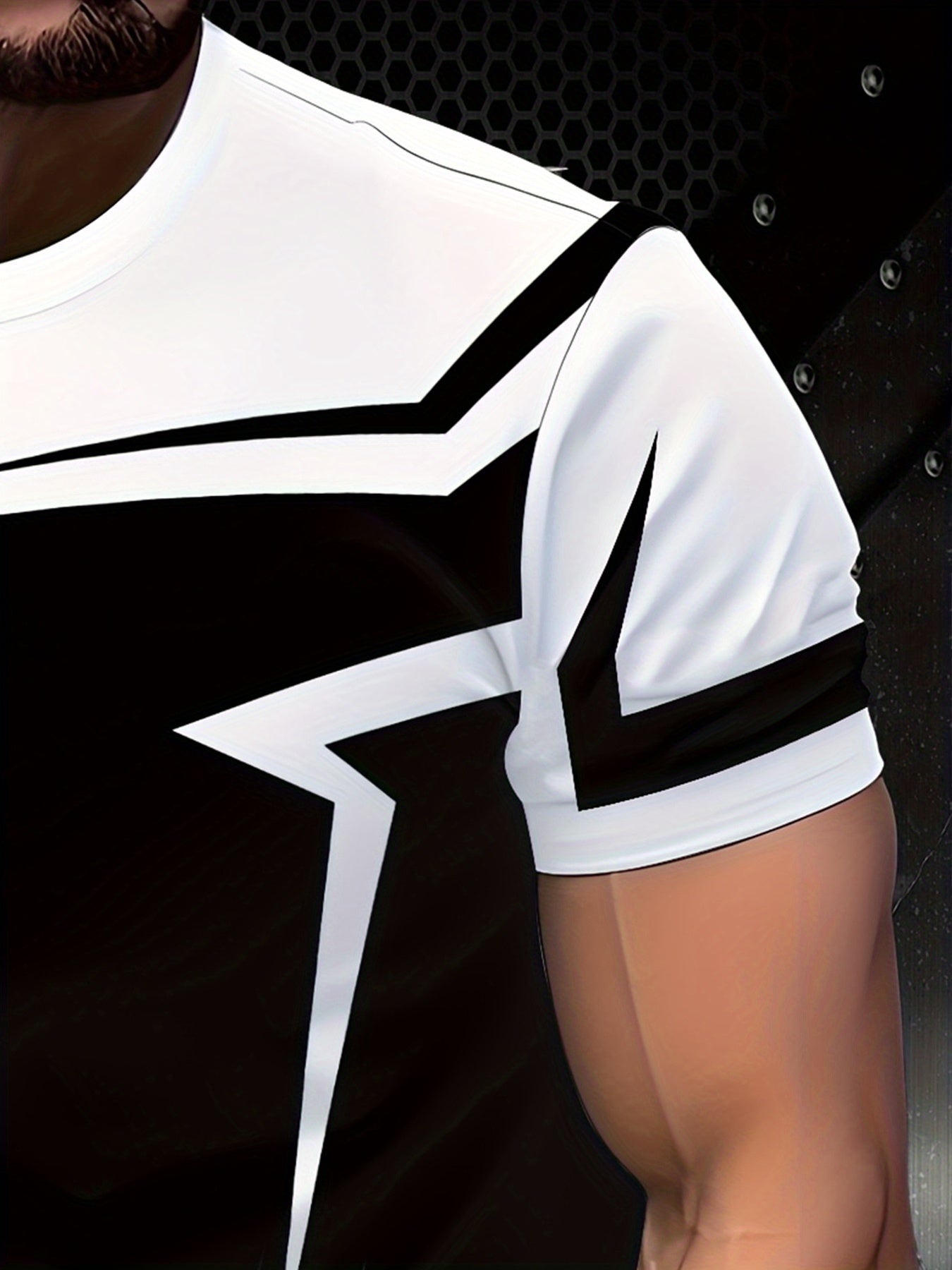 Men's Geometric Patchwork T-Shirt - Black White Contrast Design, Breathable 100% Polyester, Regular Fit Casual Summer Tee, Machine Washable