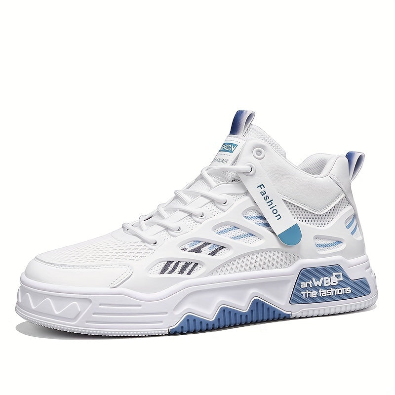 Men's High Top Fashion Sneakers Graphic Print Lace-Up Casual Skateboard Shoes with Round Toe, PU Mesh Upper, Fabric Lining, and Rubber Sole