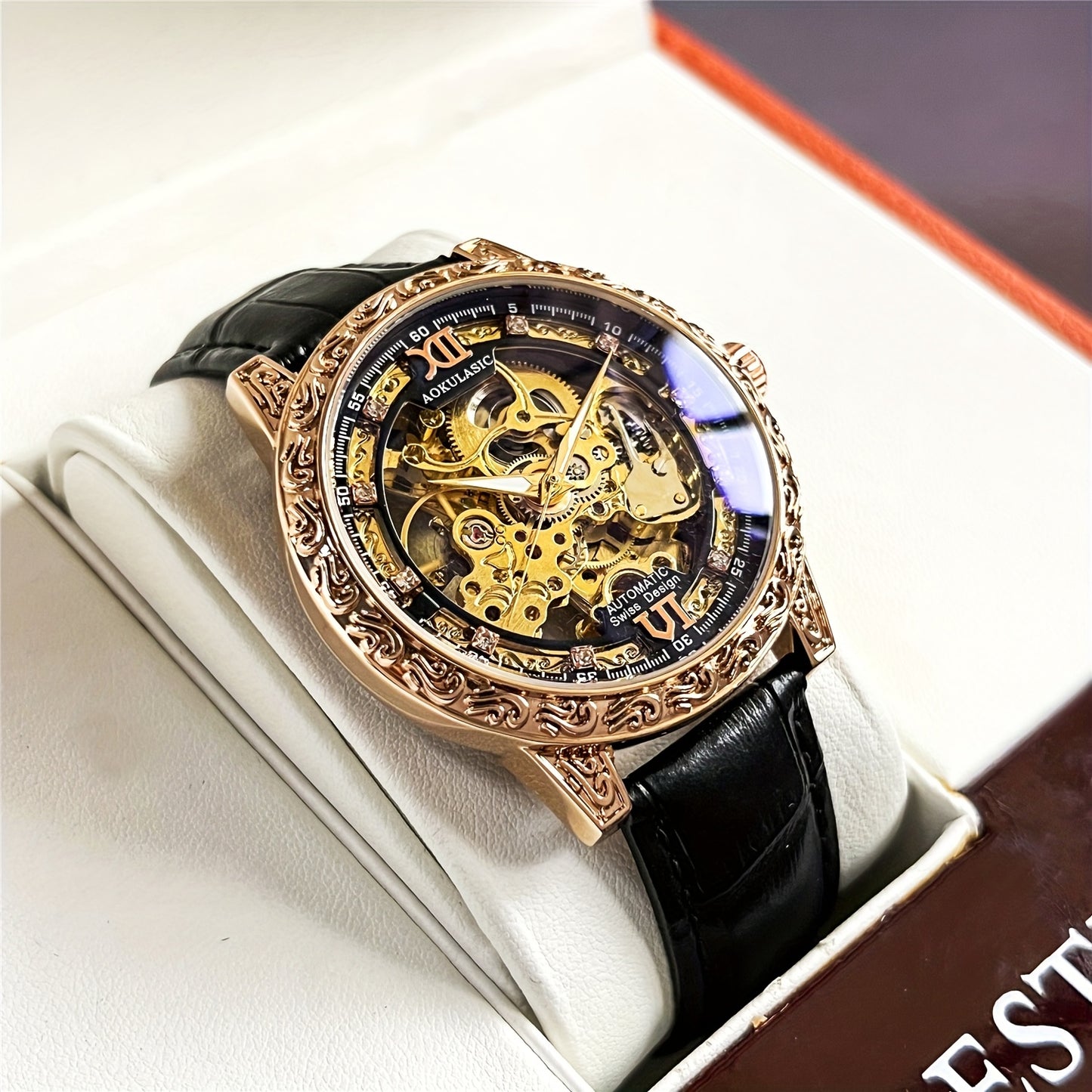 Vintage Hollow Carved Automatic Mechanical Men'S Watch, Fashionable Luxury Men'S Watch, High-end Thickened Mechanical Style Hip-Hop Party Wristwatch, Without Battery
