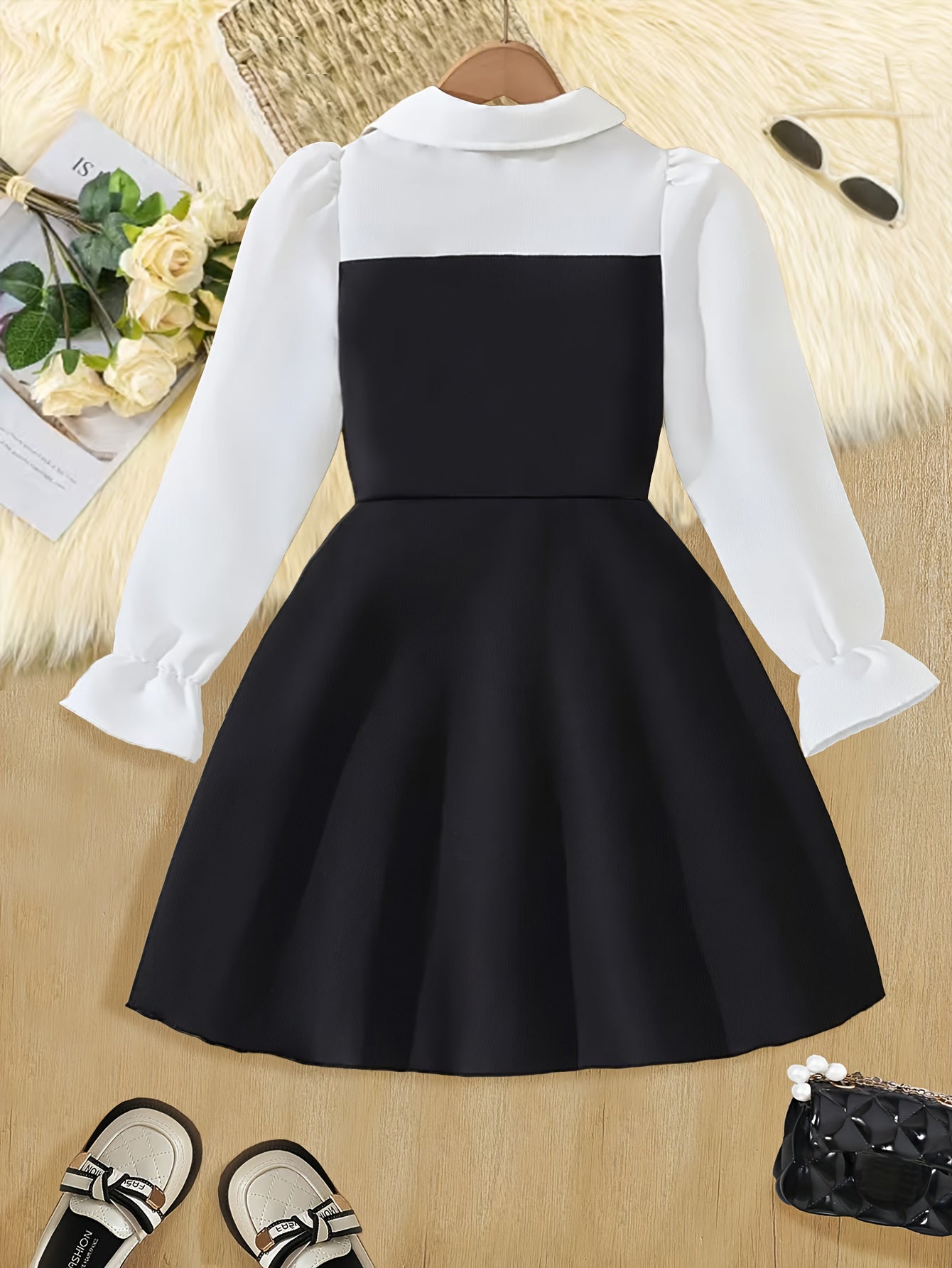 Girls' Elegant Spring-Fall Dress with Ruffled Shirt and Suspender Skir