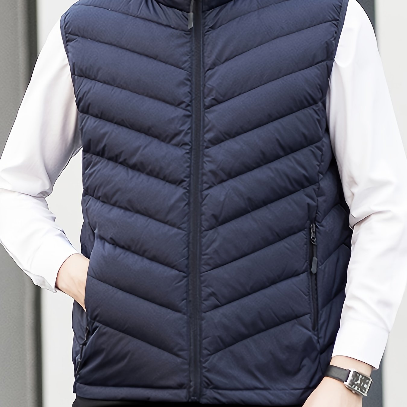 Men's Winter Sleeveless Warm Vest Jacket, Casual Fashion Zippered Multi-Pocket Solid Color Stand Collar Black Thermal Gilet for Autumn/Winter Outdoor Leisure Sports Hiking Lightweight Waistcoat Coat
