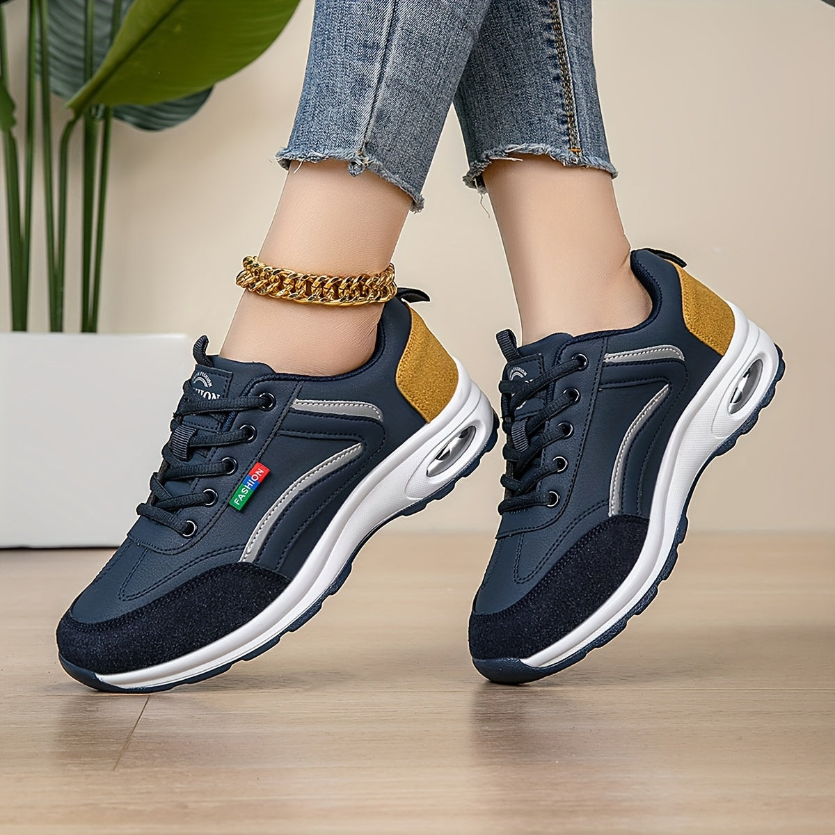 AOPLUS Women's Fashion Sneakers - Lightweight, Comfortable, and Breathable Low-Top Sneakers with Air Cushion Support, White Blue Design, PU Cover Upper, Fabric Lining, All-Season Wear