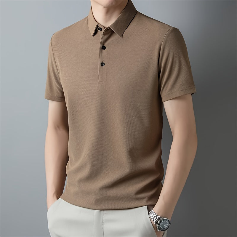Men's Solid Short Sleeve And Lapel Collar Henley Shirt, Casual And Comfy Sports Tops For Summer Golf Wear And Outdoors Activities