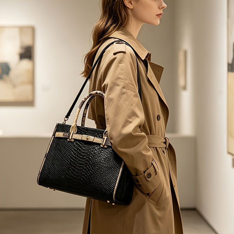 Women's Genuine Leather Snake Print Crossbody Bag - Elegant Tote