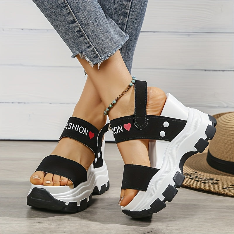 Women's Platform Wedge Sandals with Thick Sole Ankle Strap Metal Buckle - Open Toe Summer Casual Shoes, White Black Faux Cover, Cushioned Insole for All-Day Comfort