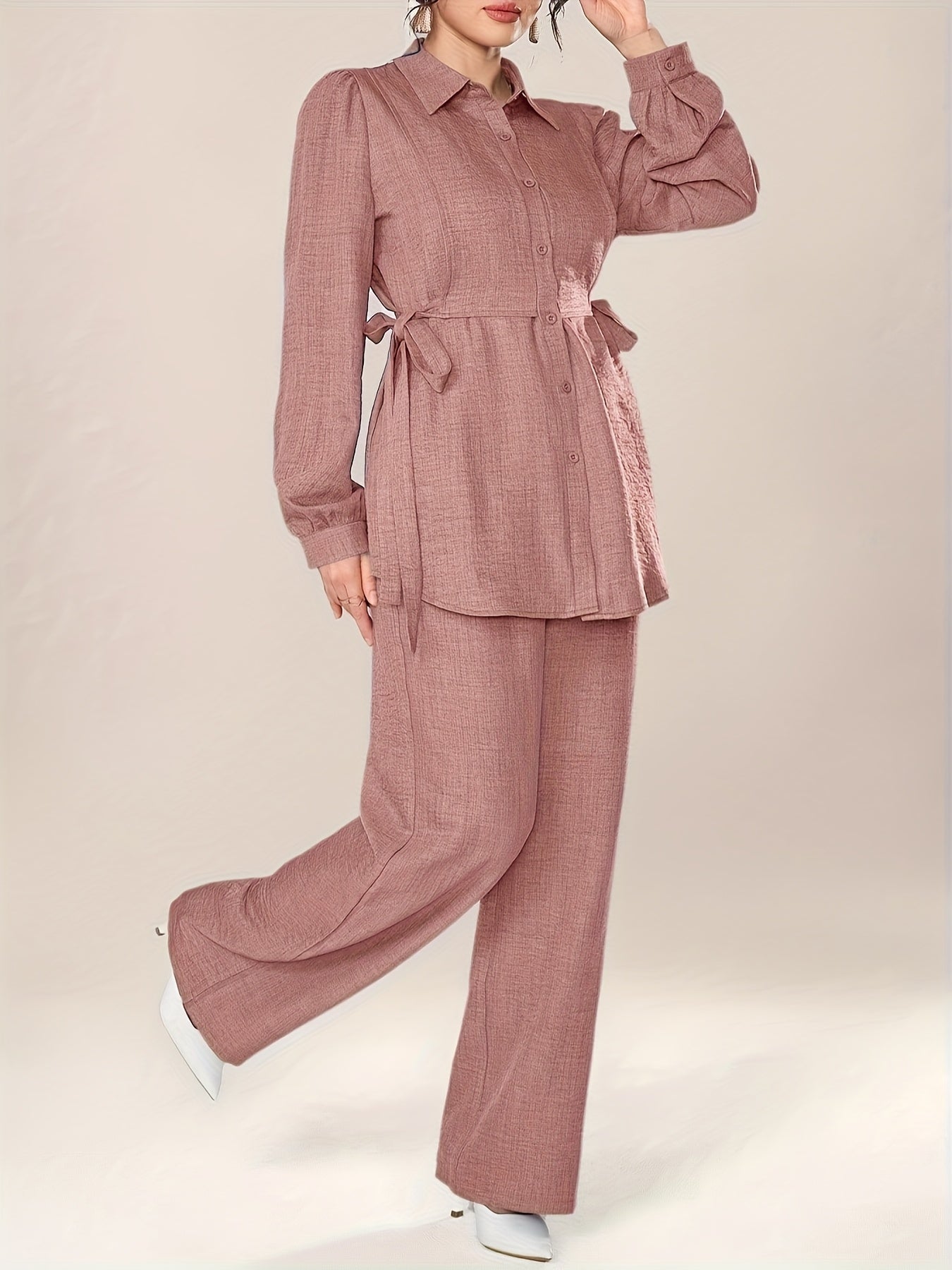 Women'S Solid Color Long Sleeve Knotted Waist Single-Breasted Shirt and Pants Elegant Commuter Set, Two-Piece Summer Autumn Women'S Outfit Office Business Casual Women'S Suit