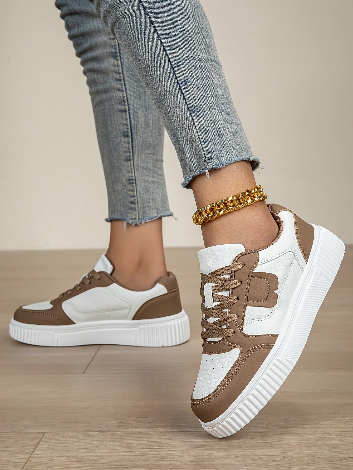 Women's Plus Size Lightweight Casual Sneakers - Thick Sole Slip-Resistant EVA Sole, Breathable Mesh Lining, Round Toe Lace-Up Design, All-Season Comfort, Two-Tone Color Options (White/Brown)