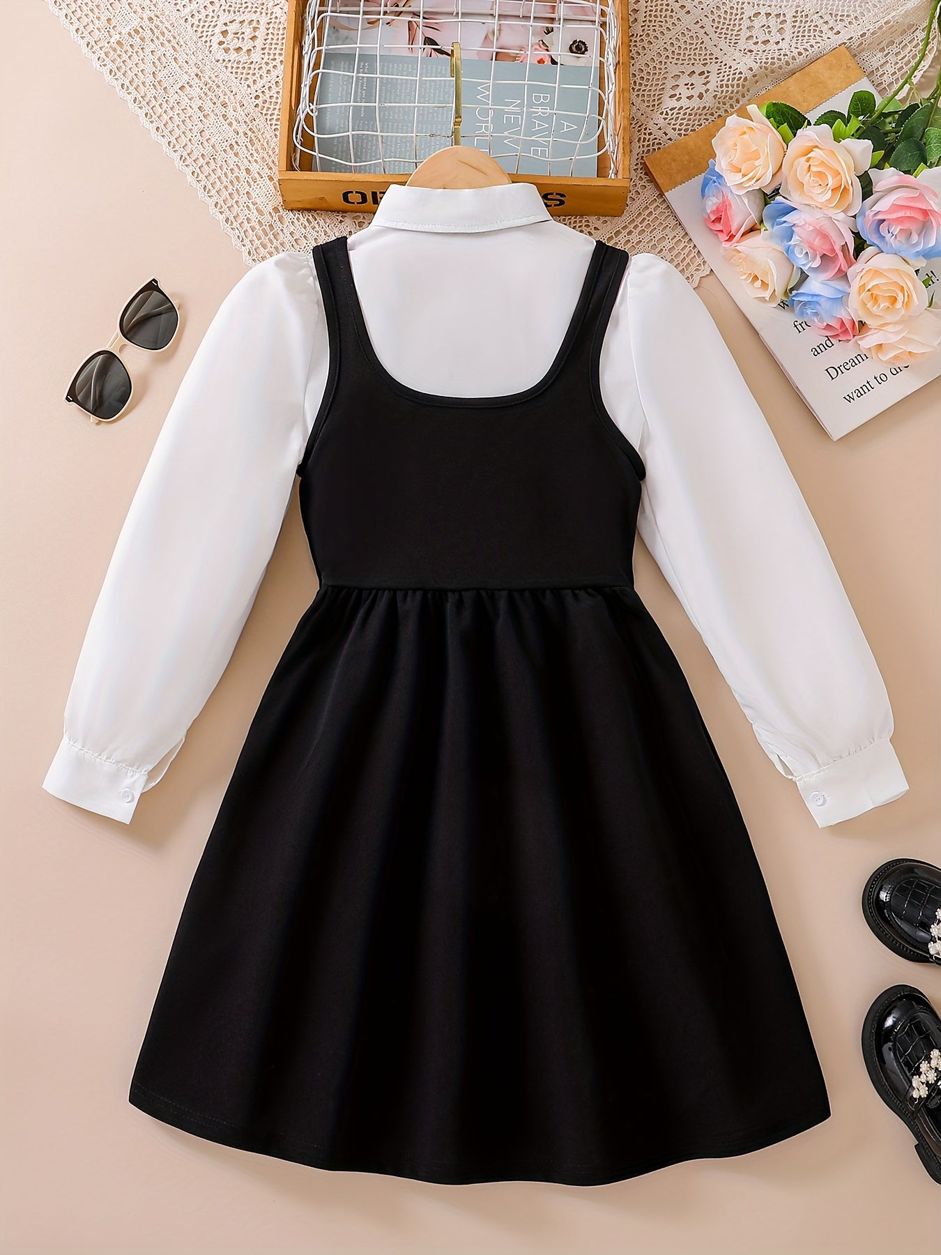 Girls' Preppy Fit & Flare School Set with Long Sleeve Top & Skirt
