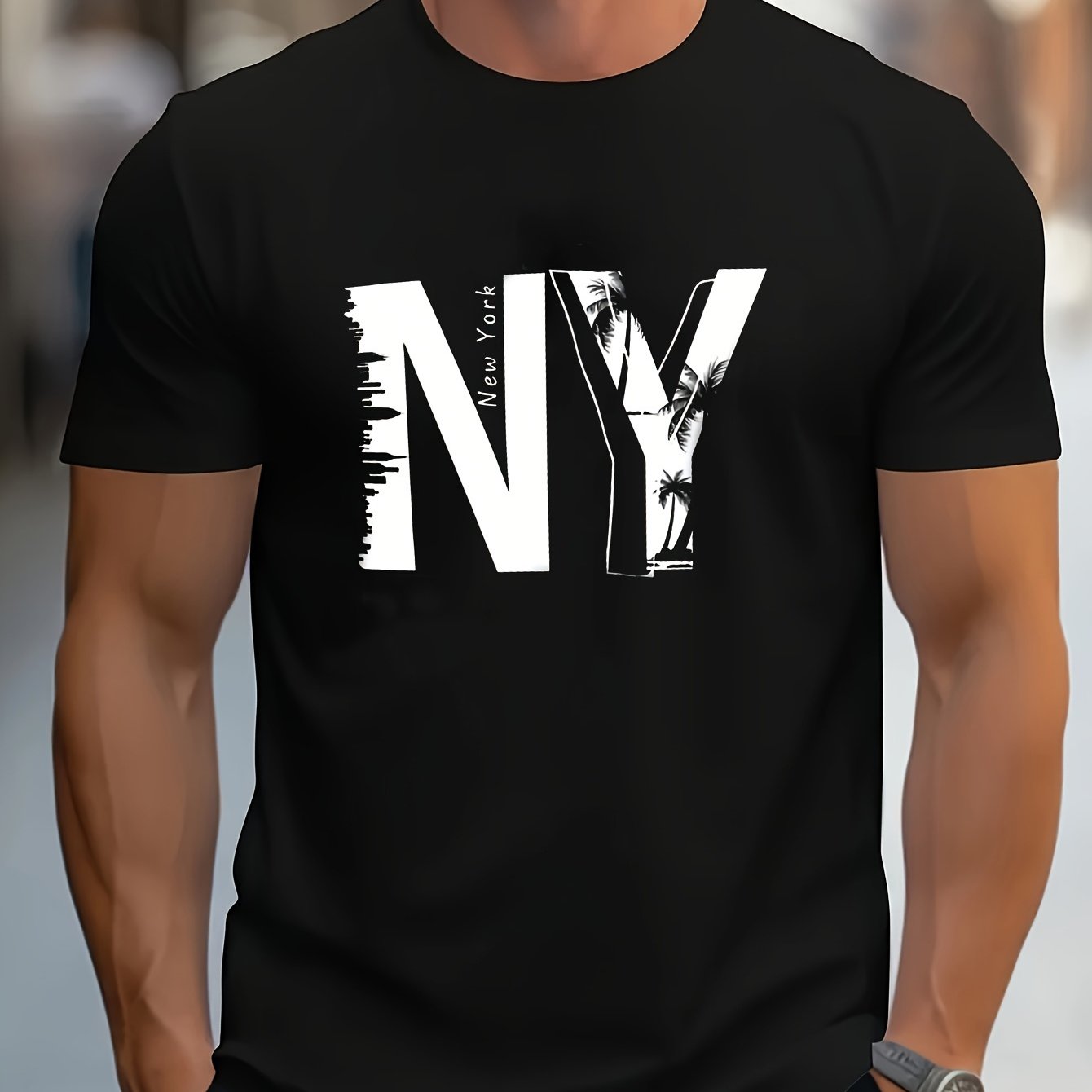 1pc Men'S Casual Cotton Blend T-Shirt with Letter Print, Round Neck, Regular Fit for Summer - Black, Navy, Red