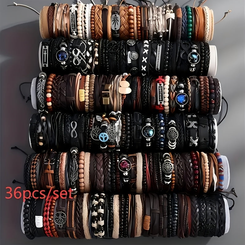 4/18/36pcs Vintage Fashion Faux Leather Bracelet Western Punk Style Beaded Wristband, Handwoven DIY Random Styles
