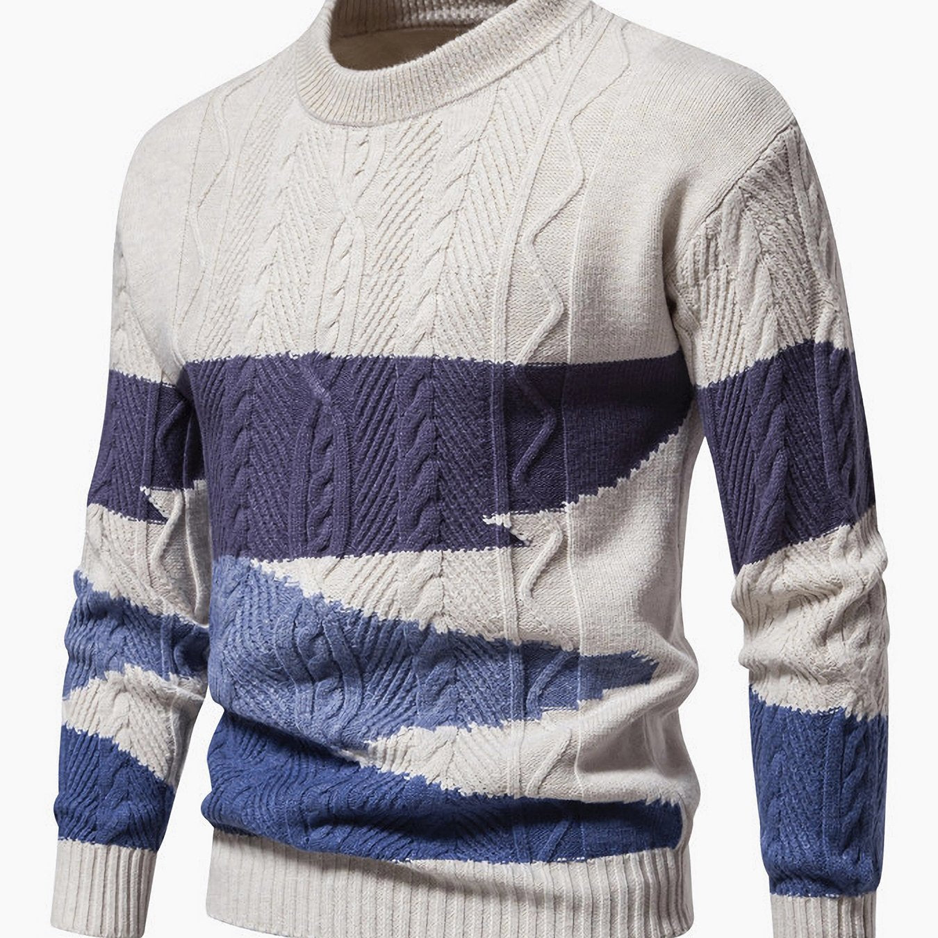 Men's Winter Warm Thick Knit Sweater - Color-Block Round Neck Pullover with Sleeve, Casual & Suitable for Evening Dates, Machine Washable Sweaters for Weather