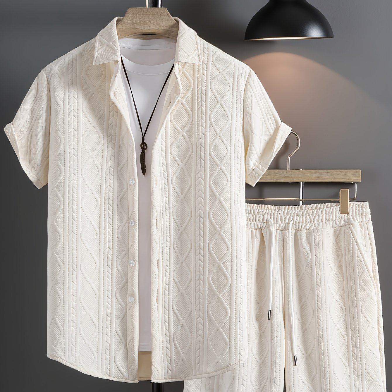 Men's Set Shirt Short Sleeve Shorts Thick Solid Color Knit Jacquard Casual Comfort High-Quality Two-Piece Set