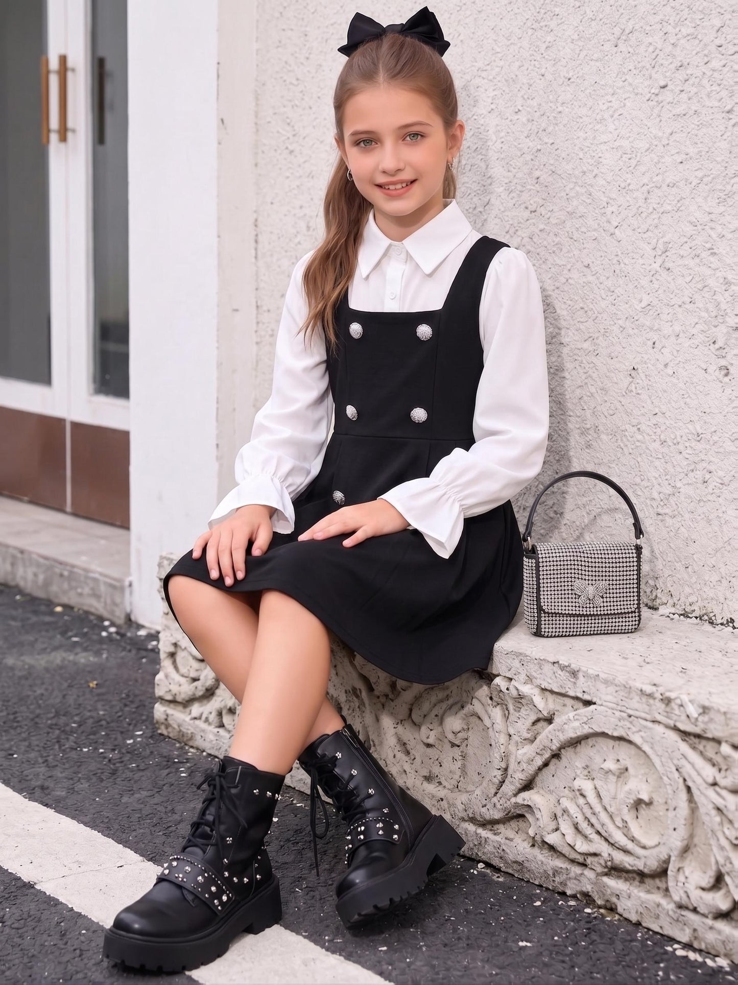 Girls A-Line Midi Dress with Ruffled Cuffs & Collared Shirt Style