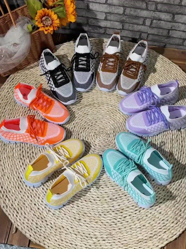 Women's Breathable Knit Sneakers - Lightweight, Lace-Up Casual Shoes with EVA Sole, Available in Brown, Purple, Orange, and Yellow Gradient - Stylish All-Season Footwear, Ladies Sneakers