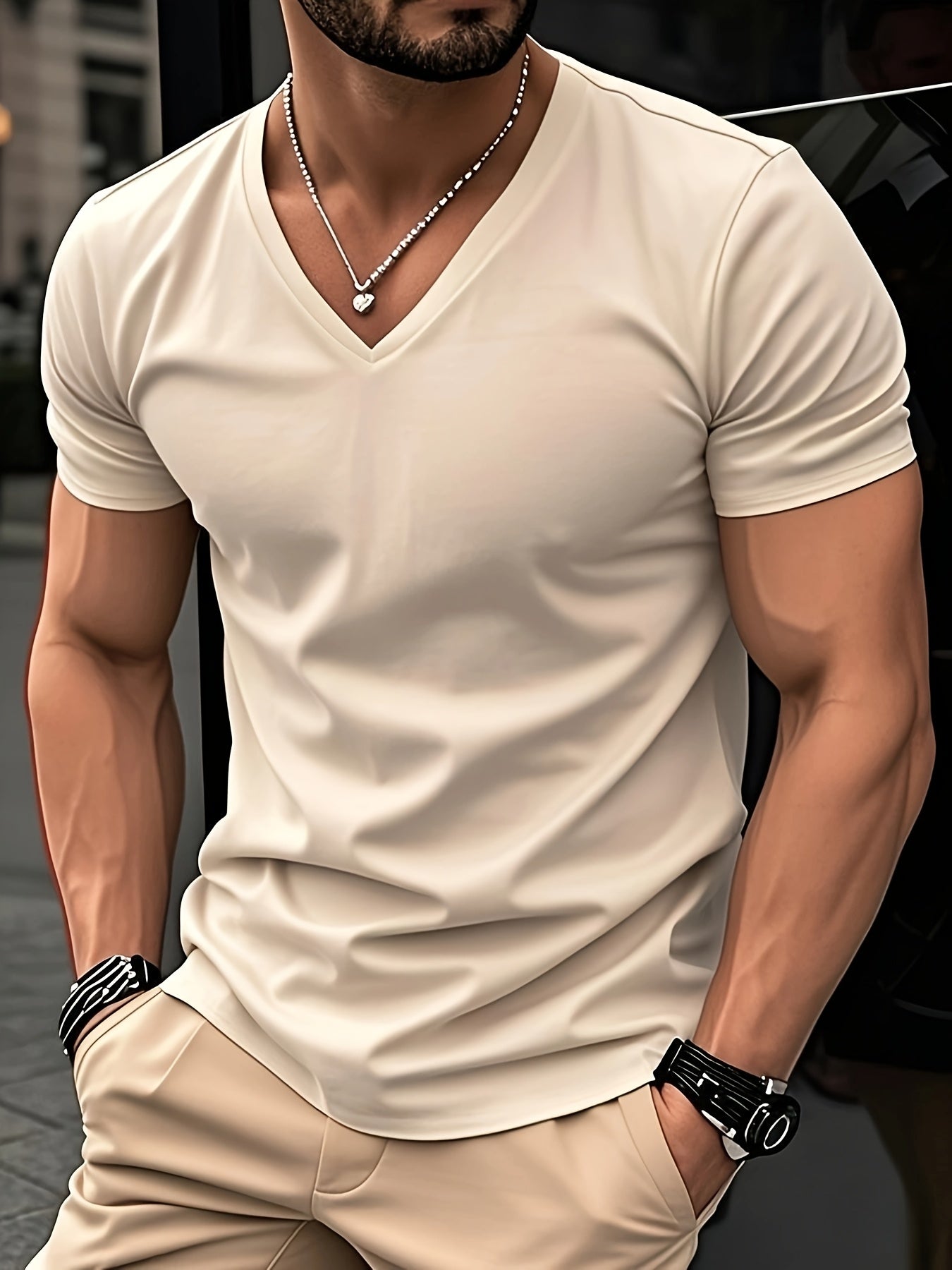 Men'S V-Neck Short Sleeve T-Shirt - Lightweight Breathable, Casual Fit, Solid Black, Perfect for Summer, High-Quality Knit Fabric, Everyday Tshirt Casual Style Comfortable Fit