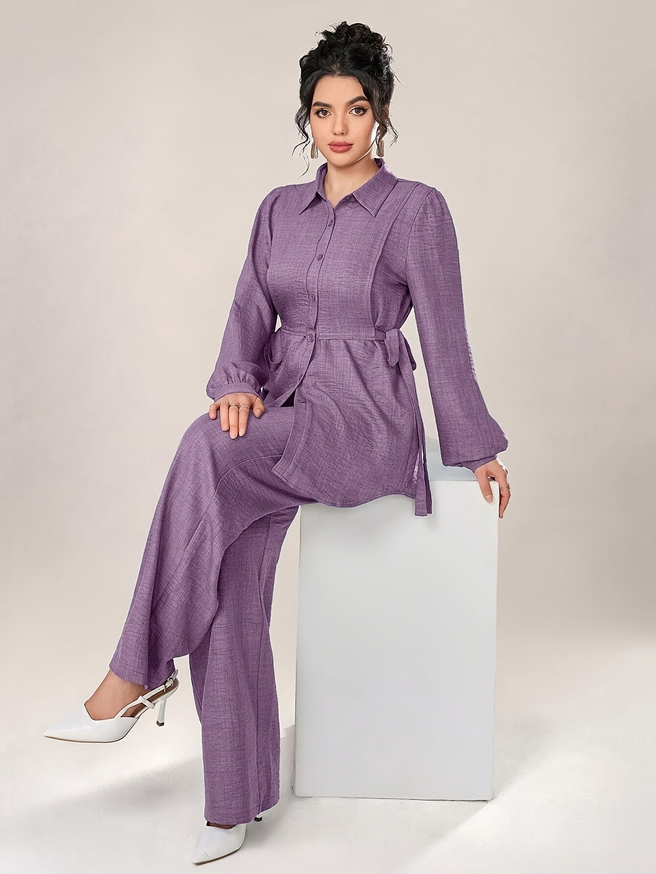 Two-Piece Abaya Set with Wide-Leg Pants, Long Sleeve Design with Back Tie, Suitable for Office and Daily Wear, Soft and Stretchable Fabric, Elegant Middle Eastern Style, Comfortable, Machine Washable, Practical and Stylish