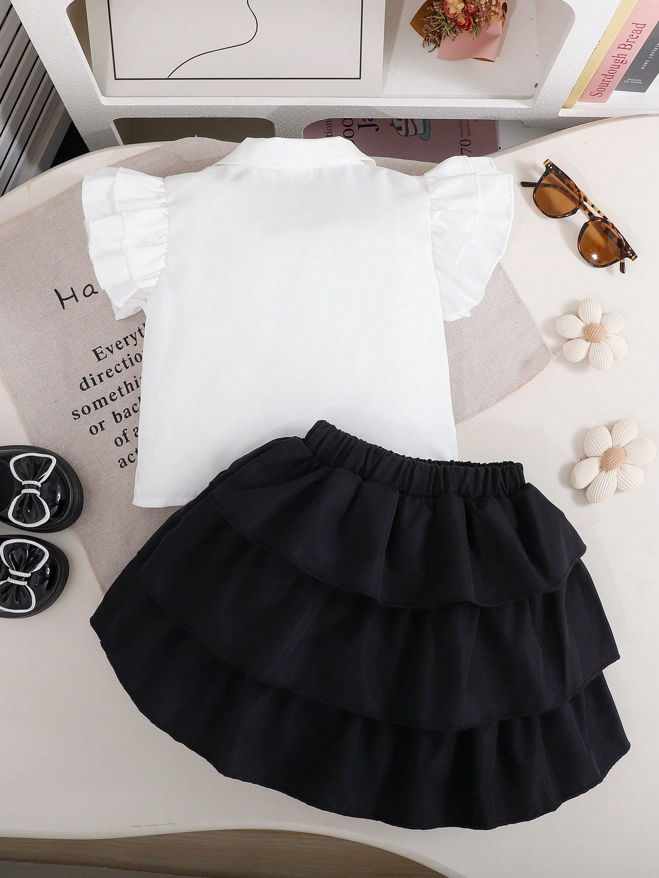 Girls' Summer Preppy Outfit with Bow Shirt & Layered Skirt