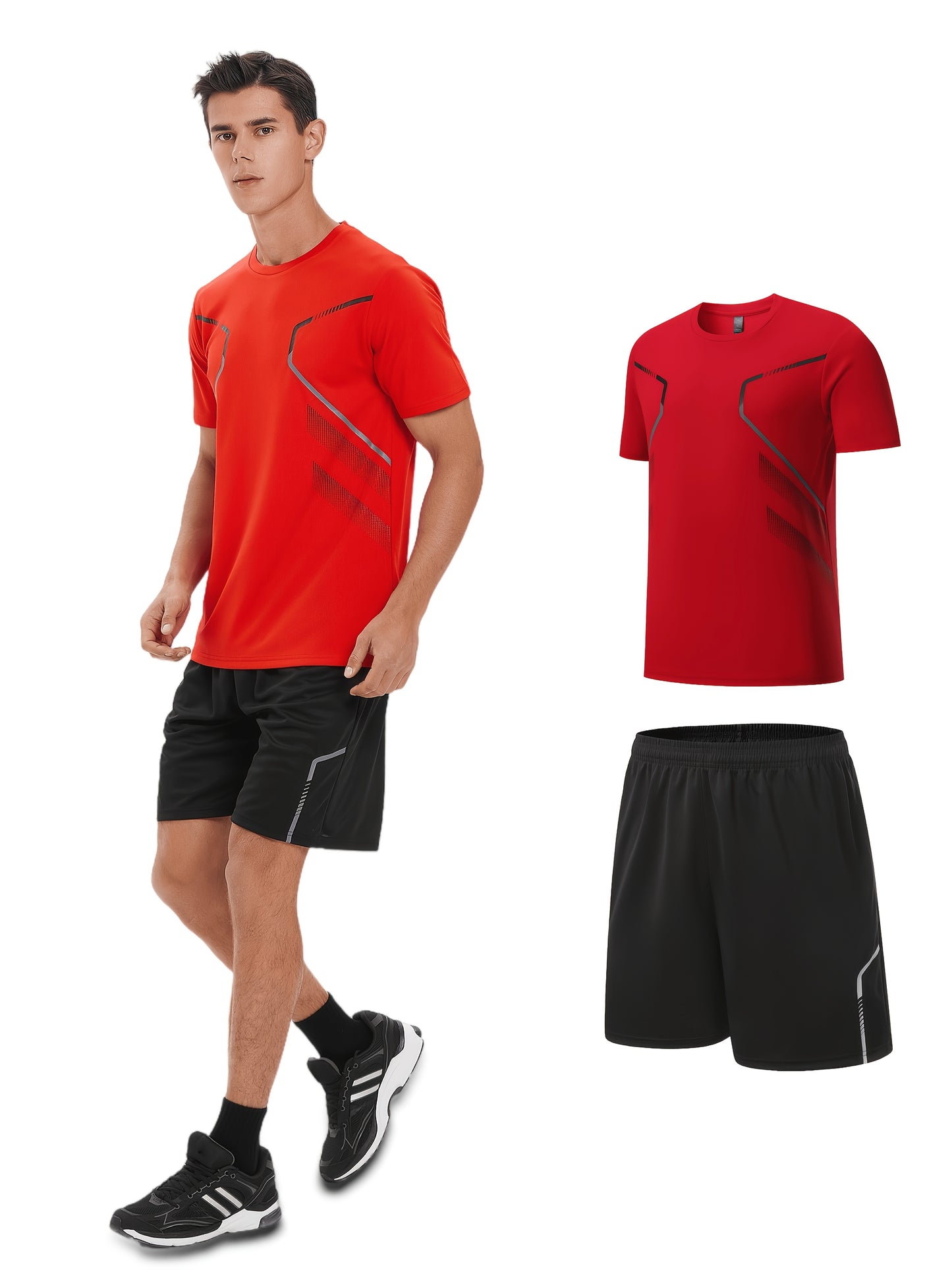 2pcs Men's Running Sportswear Set Summer Ice Sliky Fiber Fabric Quick-Dry Sweat-Absorbent Fitness Casual Short Sleeve Shorts Outfit