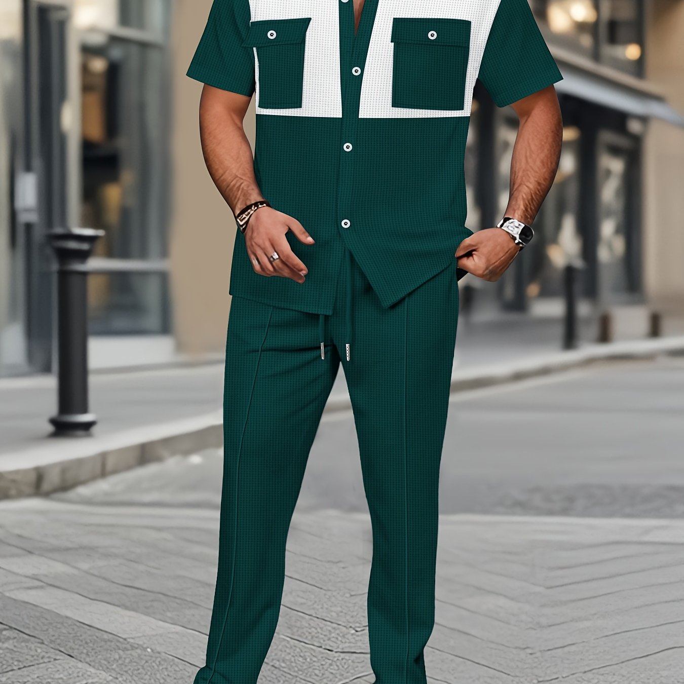 Men's Summer Two-Piece Set, Waffle Fabric Contrast Color with Pockets Short-Sleeved Shirt + Casual Trousers Suit, Leisure Light Business Vacation Daily Multiple Scenes