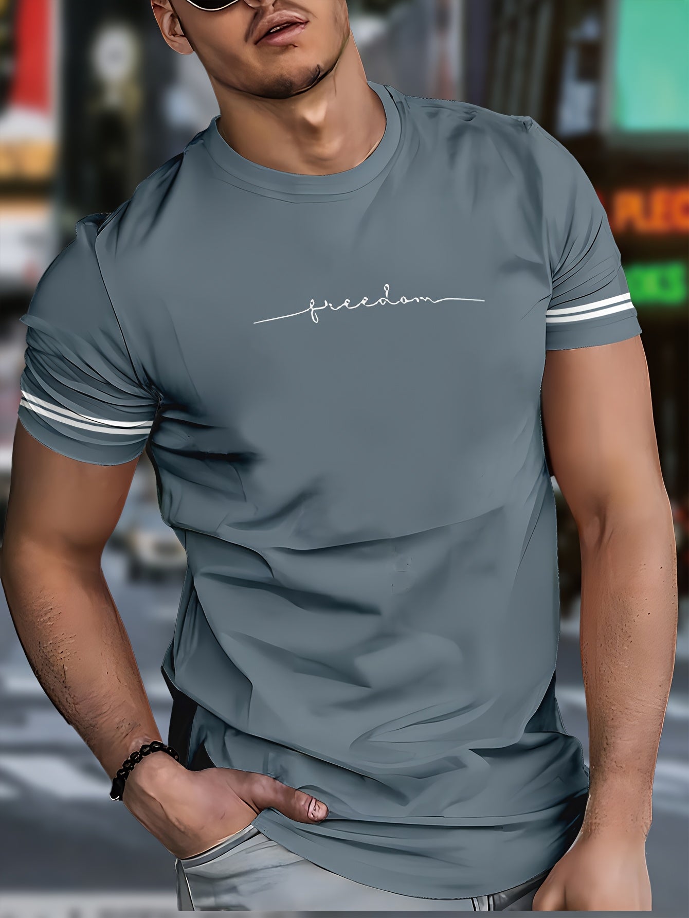 Men'S "Freedom" Graphic T-Shirt - Black Casual Crew Neck Tee with White Stripes, Breathable Polyester Blend, Regular Fit for Casual Attire, Everyday Tshirt Bold Print Tee Comfortable Fit, Knit