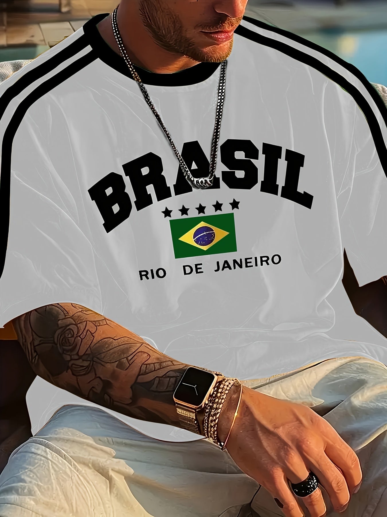 Men'S Casual Short-Sleeve T-Shirt with 3D Digital Printing, Round Neck, Brazilian Style, Made of Slightly Stretchy Polyester Knit Fabric, Suitable for Summer Outdoor Activities And Everyday Wear.
