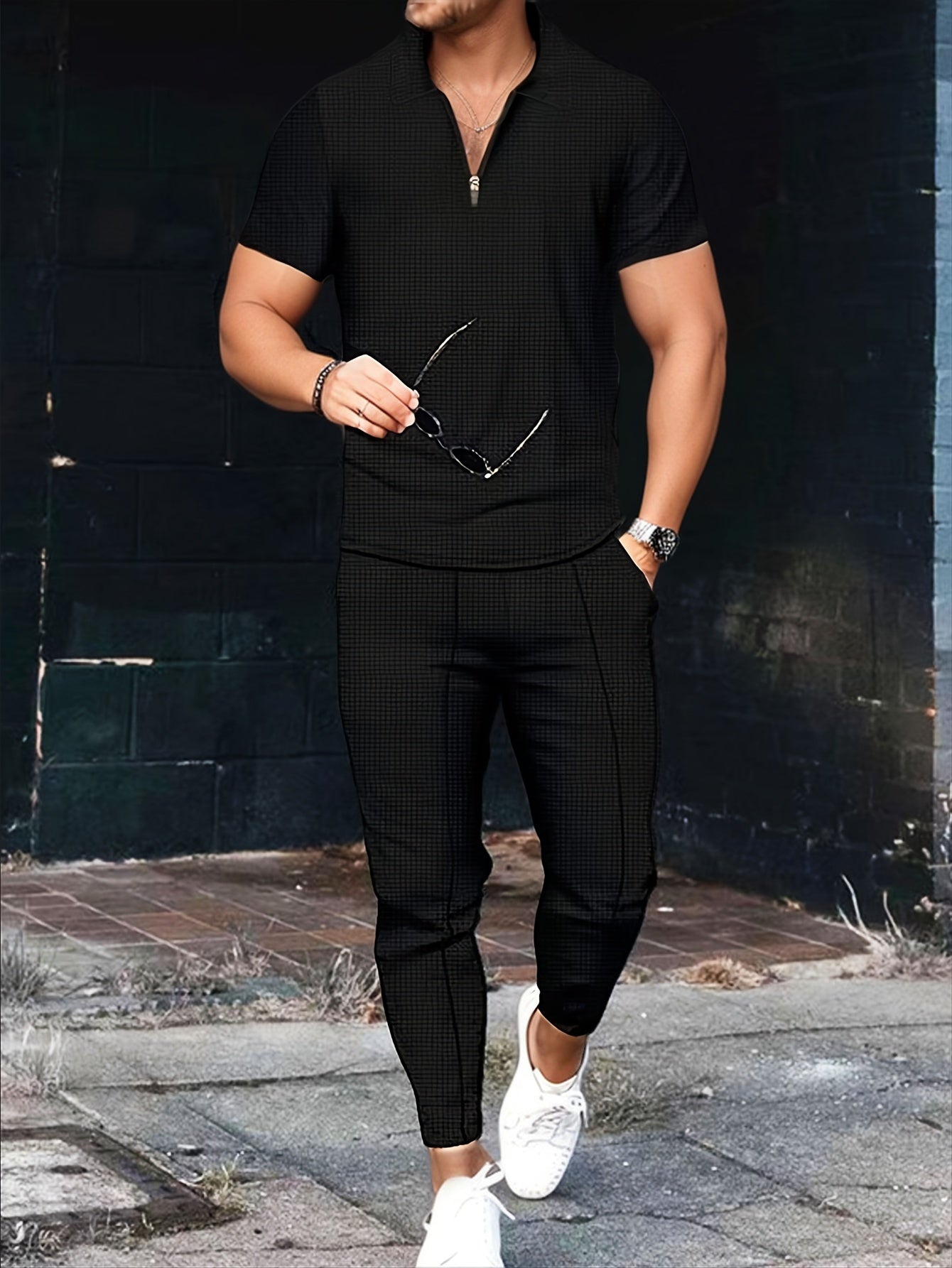 Men's Fashion Short-Sleeve Long-Pants Waffle Knit Zip-Up Turn- Collar Casual Two-Piece Set
